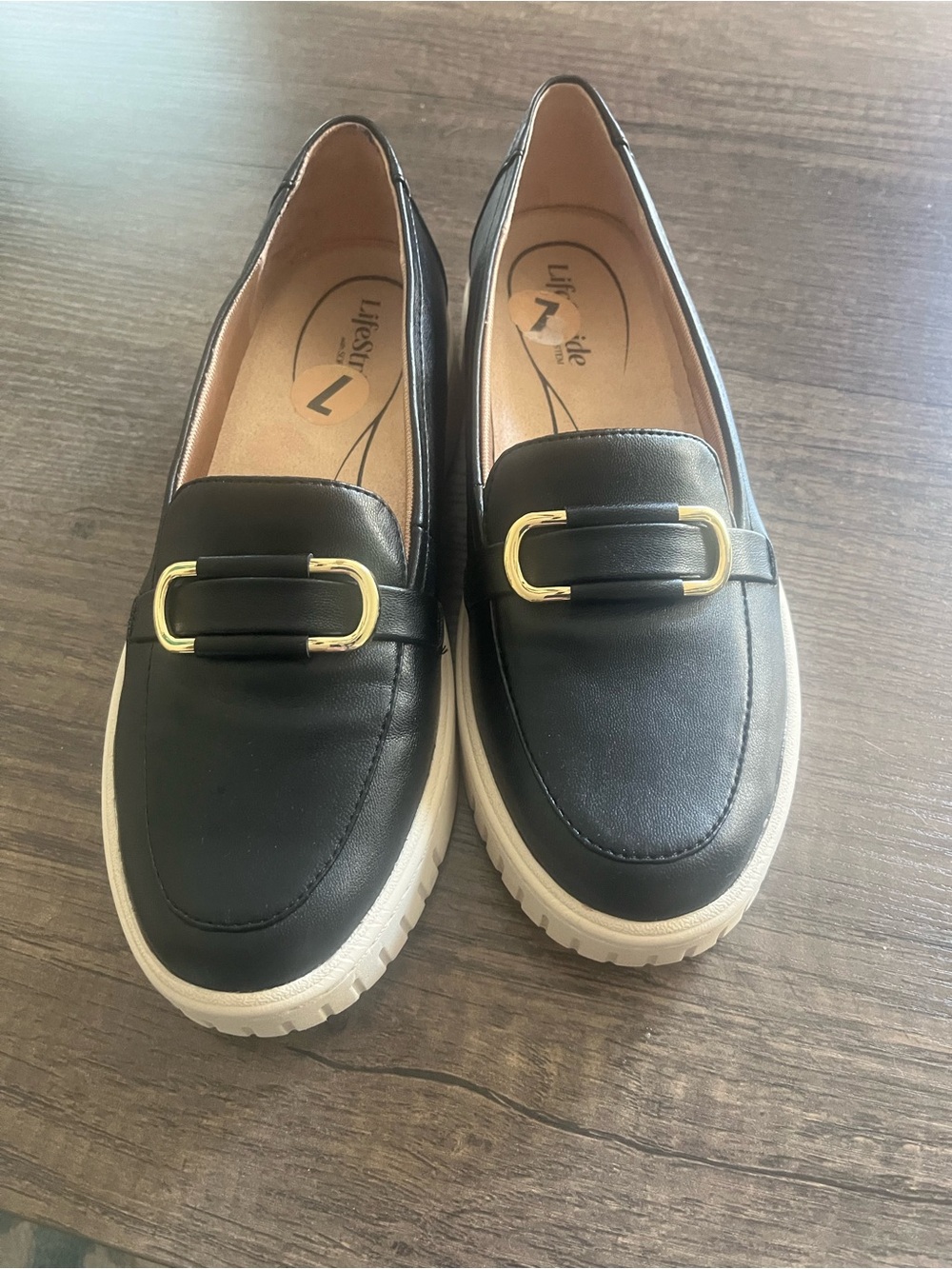 Life Stride Black Loafers with Gold Buckle and White Platform Sole